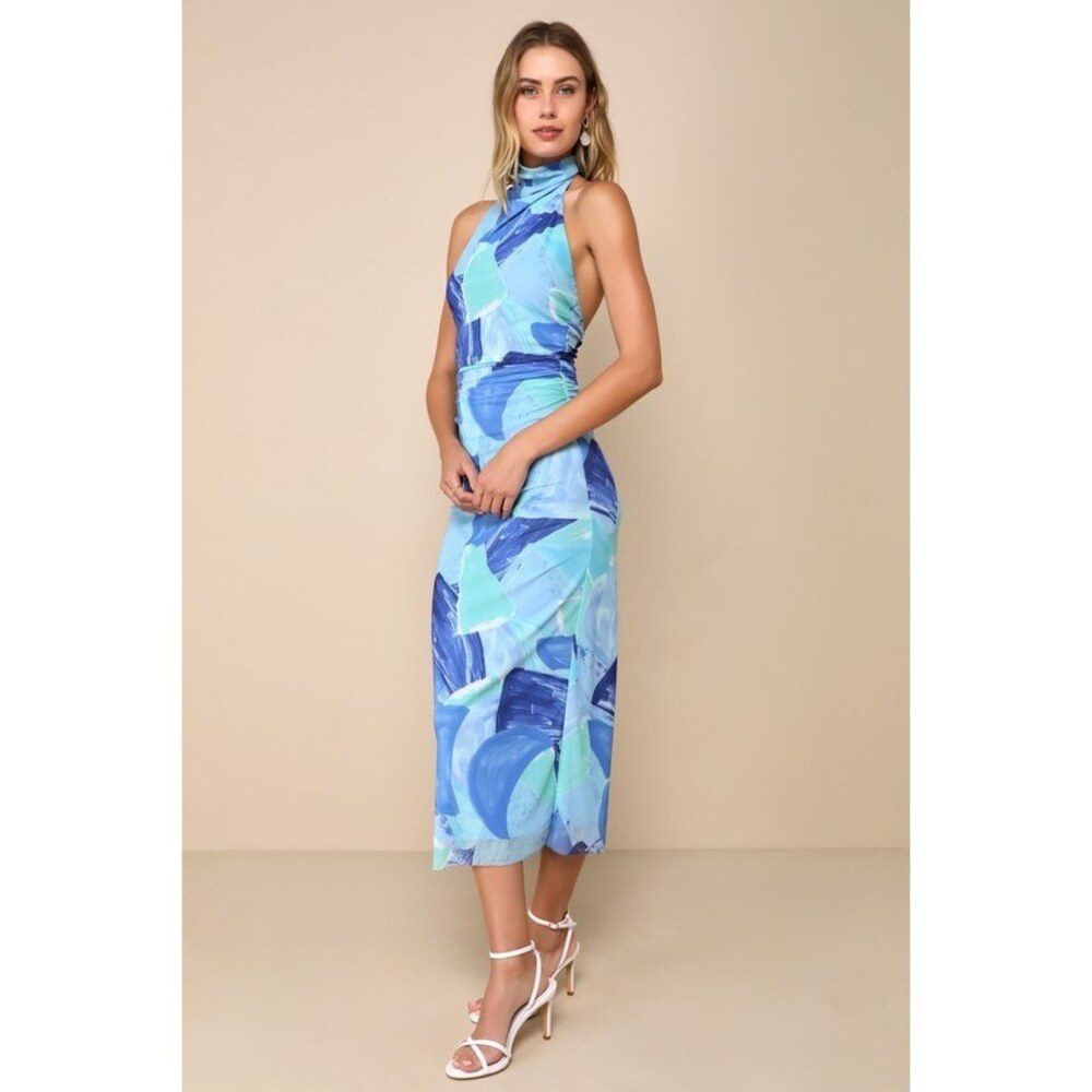 Lulus Idyllic In Ibiza Blue Abstract Print Mock Neck Halter Midi Dress - Size M